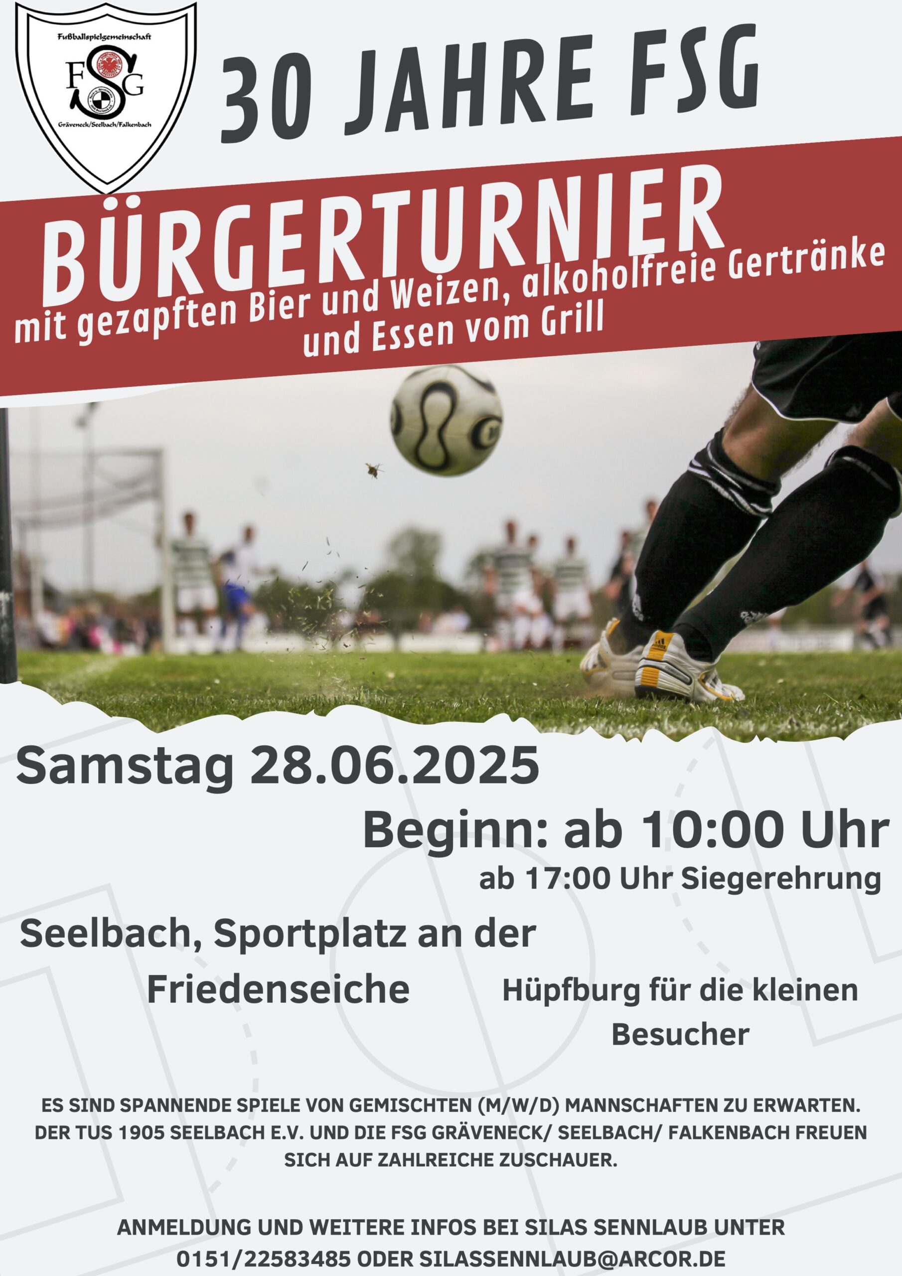 Plakat zum Bürgerturnier der FSG Gräveneck/Seelbach/Falkenbach am 28.06.2025 in Seelbach mit Spielszene, Datum, Ort und Hinweisen zu Verpflegung und Kinderprogramm