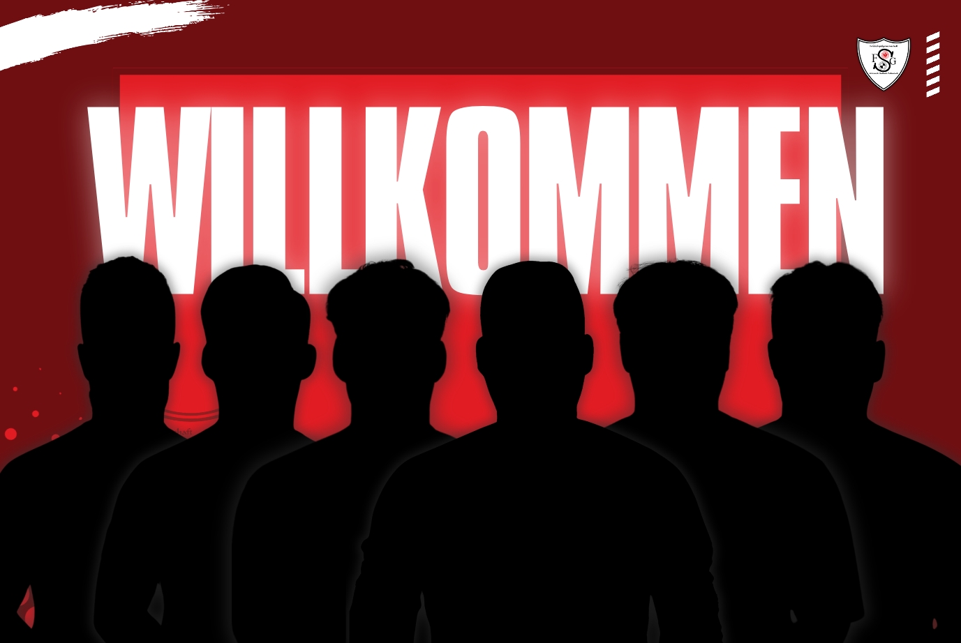Schwarze Silhouetten vor rotem Hintergrund mit Schriftzug „Willkommen“